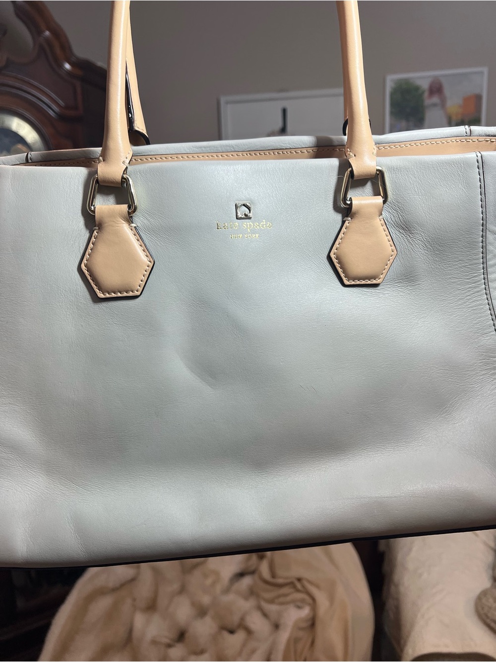 kate spade Two-Tone Leather Tote in Light Gray and Tan Handles